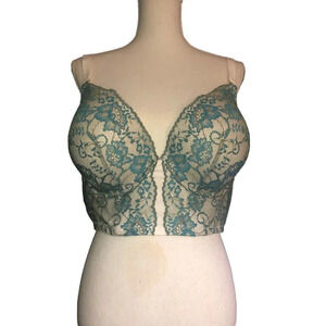 TORRID Sz 46D Women's Cream Blue/Green Lace Underwire Push-up Plunge Padded Bra